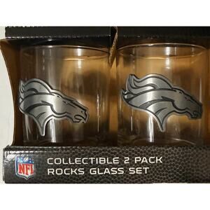 NWB Collectiable NFL Denver Bronco 2pk Rock Glasses with Metal Bronco